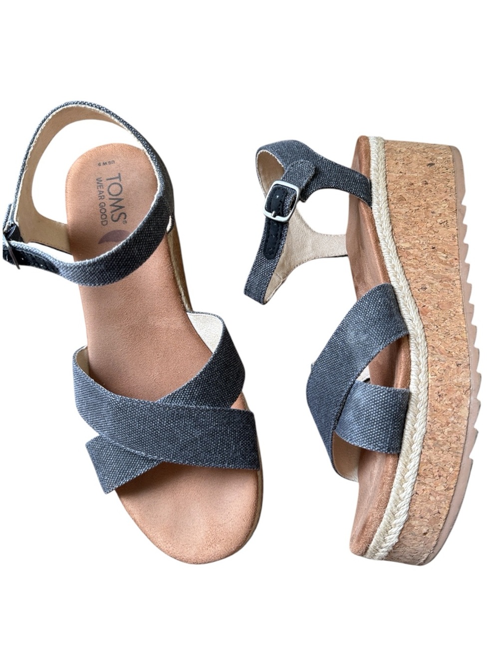 TOMS Candace Canvas Cork Platform Wedge Sandals Ankle Strap Womens US 9 EU 40